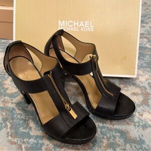 Michael Kors Black Heeled leather Sandals with Gold Zipper